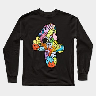 Number 4 four - Funny and Colorful Cute Monster Creatures Long Sleeve T-Shirt